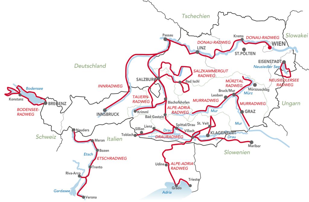 Carte cycliste de l'Autriche (c) Circuits cyclistes en Autriche